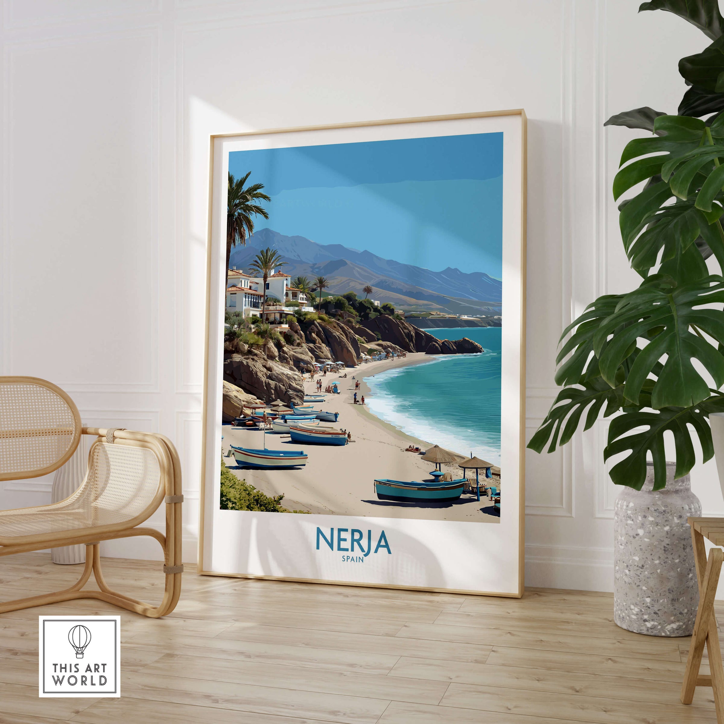 Nerja Spain Canvas Print | Spanish Seaside Poster featuring a coastal landscape with boats on the beach.