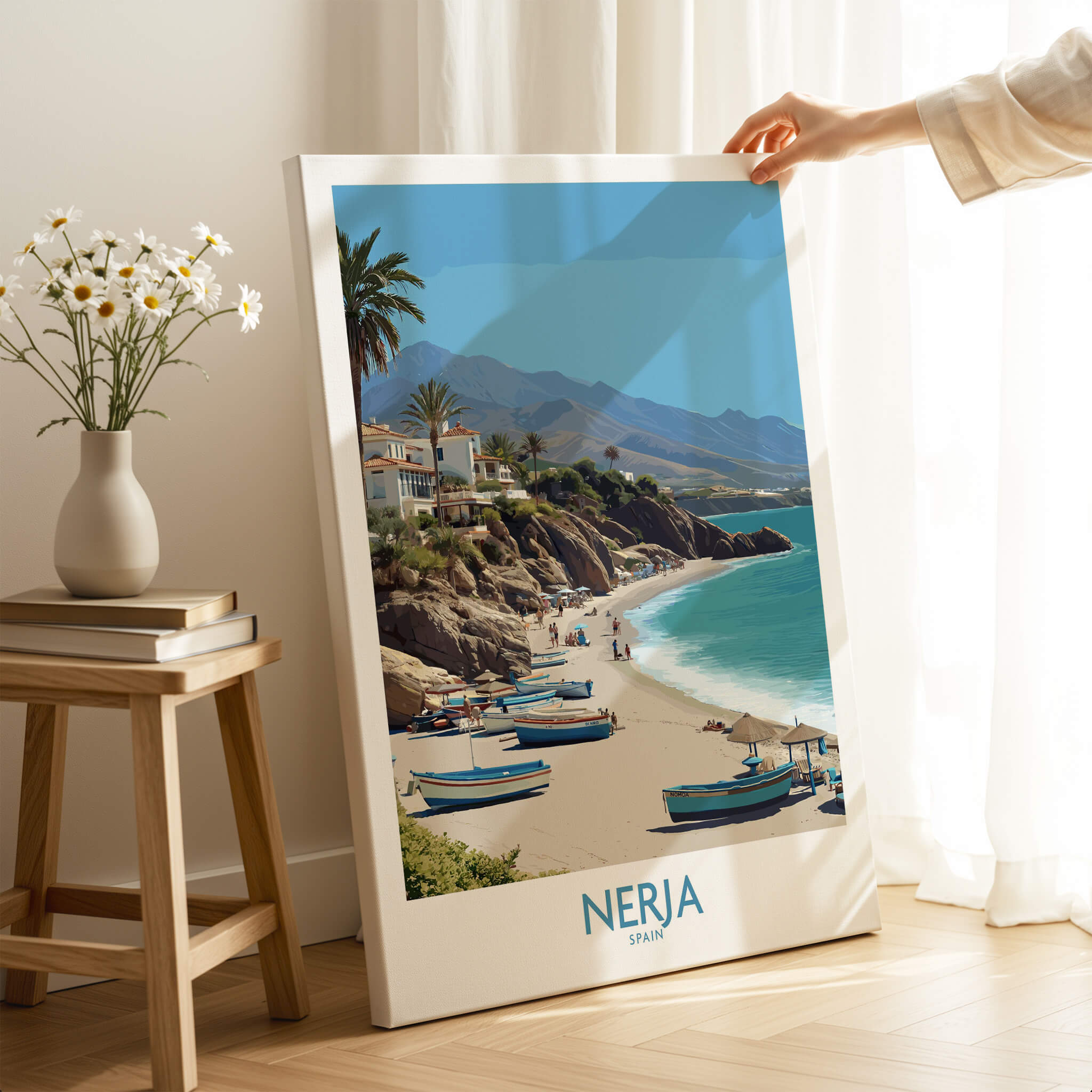 Nerja Spain Canvas Print | Spanish Seaside Poster featuring a beach with boats and cliffs.