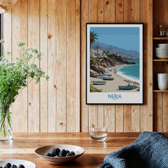 Nerja Spain Canvas Print | Spanish Seaside Poster featuring coastal scenery and boats in a rustic setting.