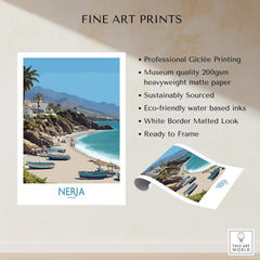 Nerja Spain Canvas Print | Spanish Seaside Poster showcasing a vibrant coastal view with boats and cliffs.