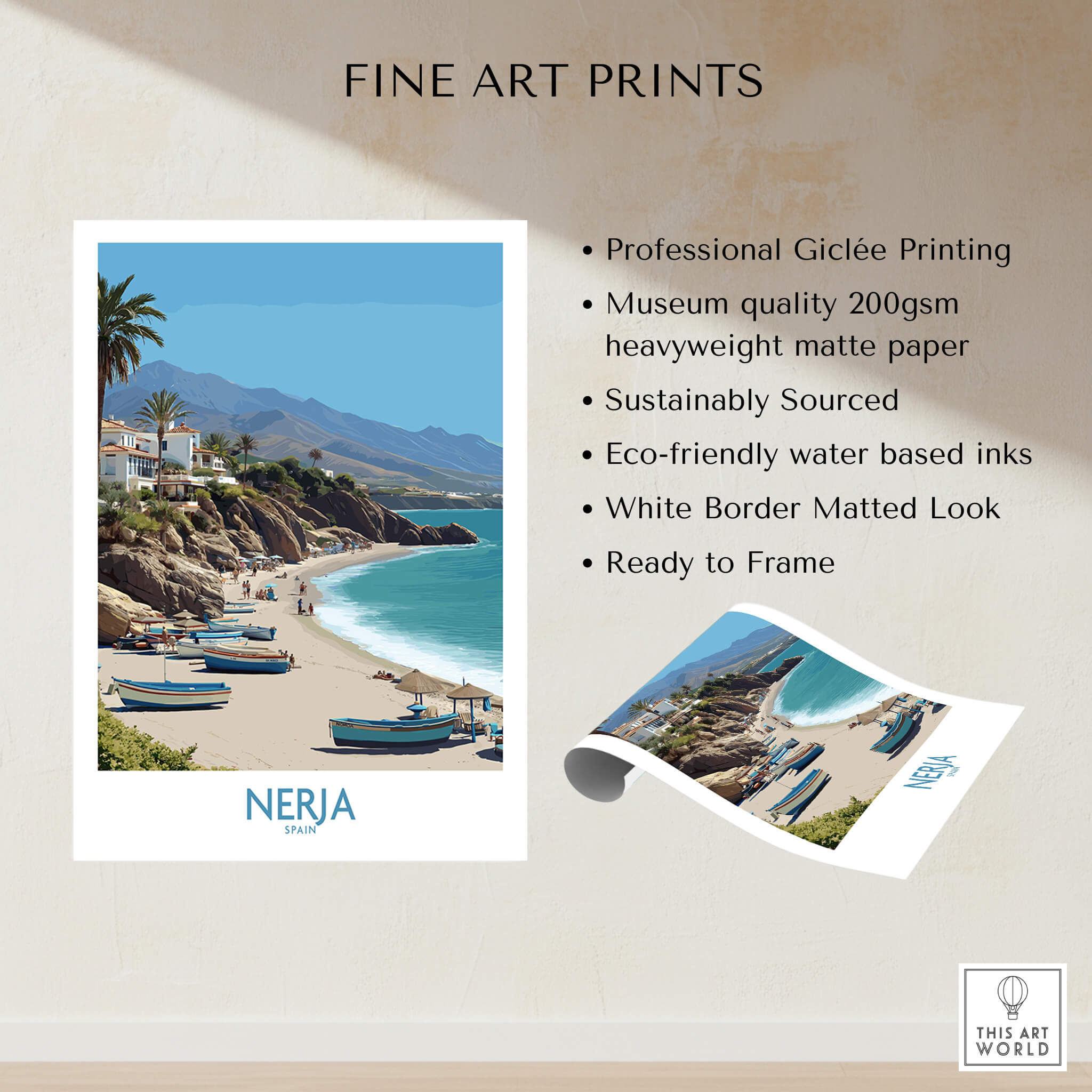 Nerja Spain Canvas Print | Spanish Seaside Poster showcasing a vibrant coastal view with boats and cliffs.