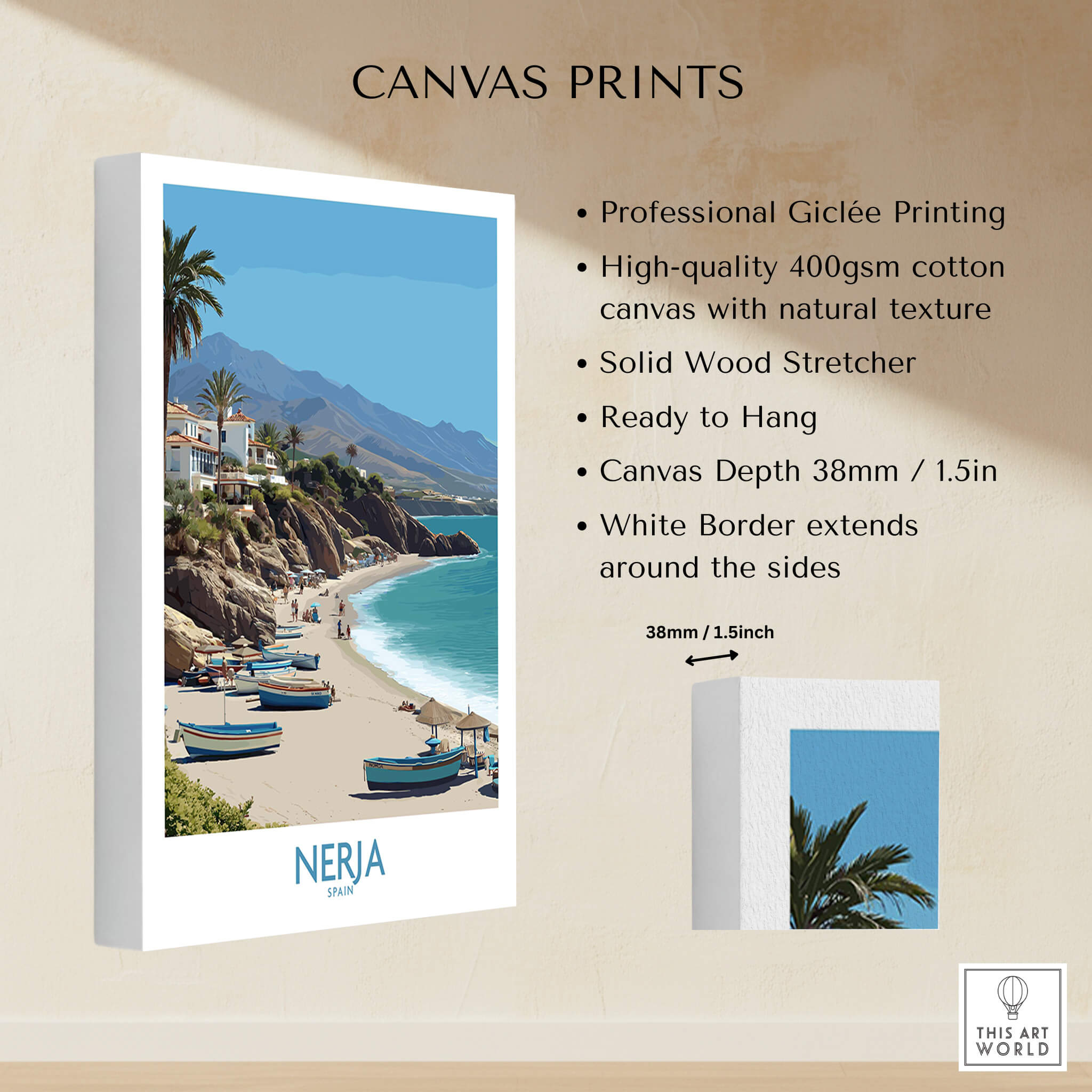 Nerja Spain Canvas Print | Spanish Seaside Poster showcasing vibrant coastal views and professional Giclée printing.