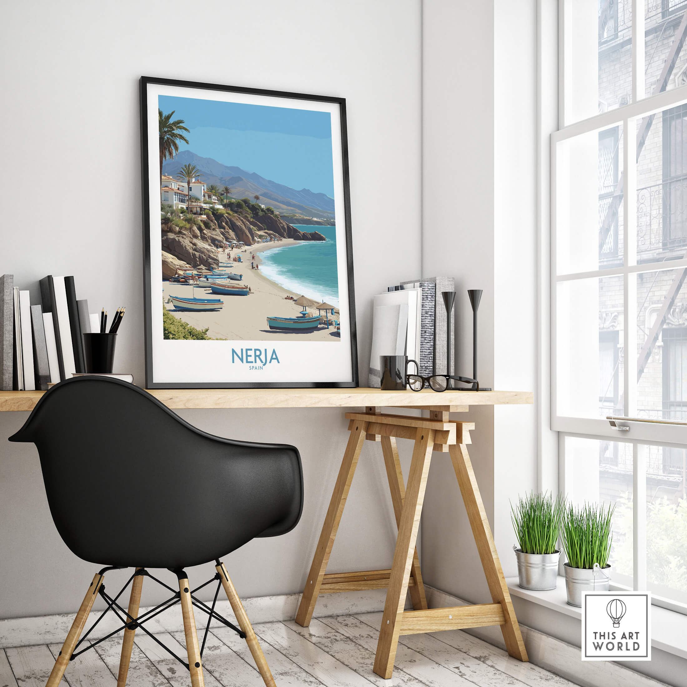 Nerja Spain Canvas Print | Spanish Seaside Poster showcasing coastal views in a modern home setting.