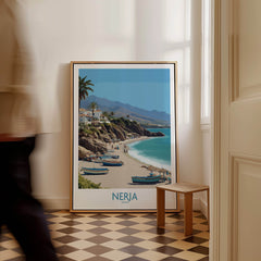 Nerja Spain Canvas Print | Spanish Seaside Poster displayed in a stylish interior with a coastal view.