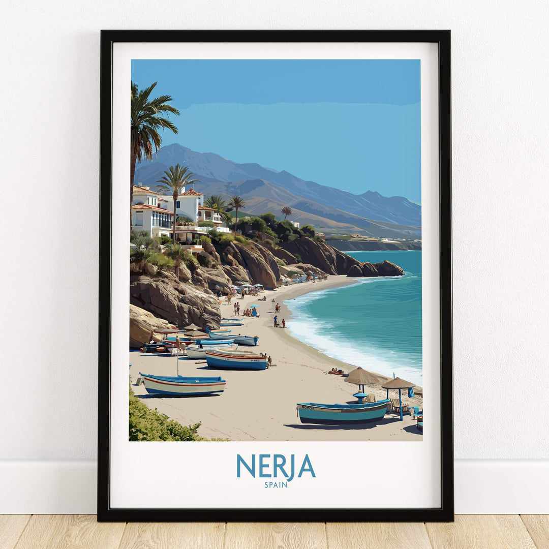 Nerja Spain Canvas Print | Spanish Seaside Poster featuring boats on the beautiful beach of Nerja, Spain.