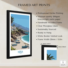 Nerja Spain Canvas Print | Spanish Seaside Poster displayed in a handmade wooden frame with professional giclée printing.