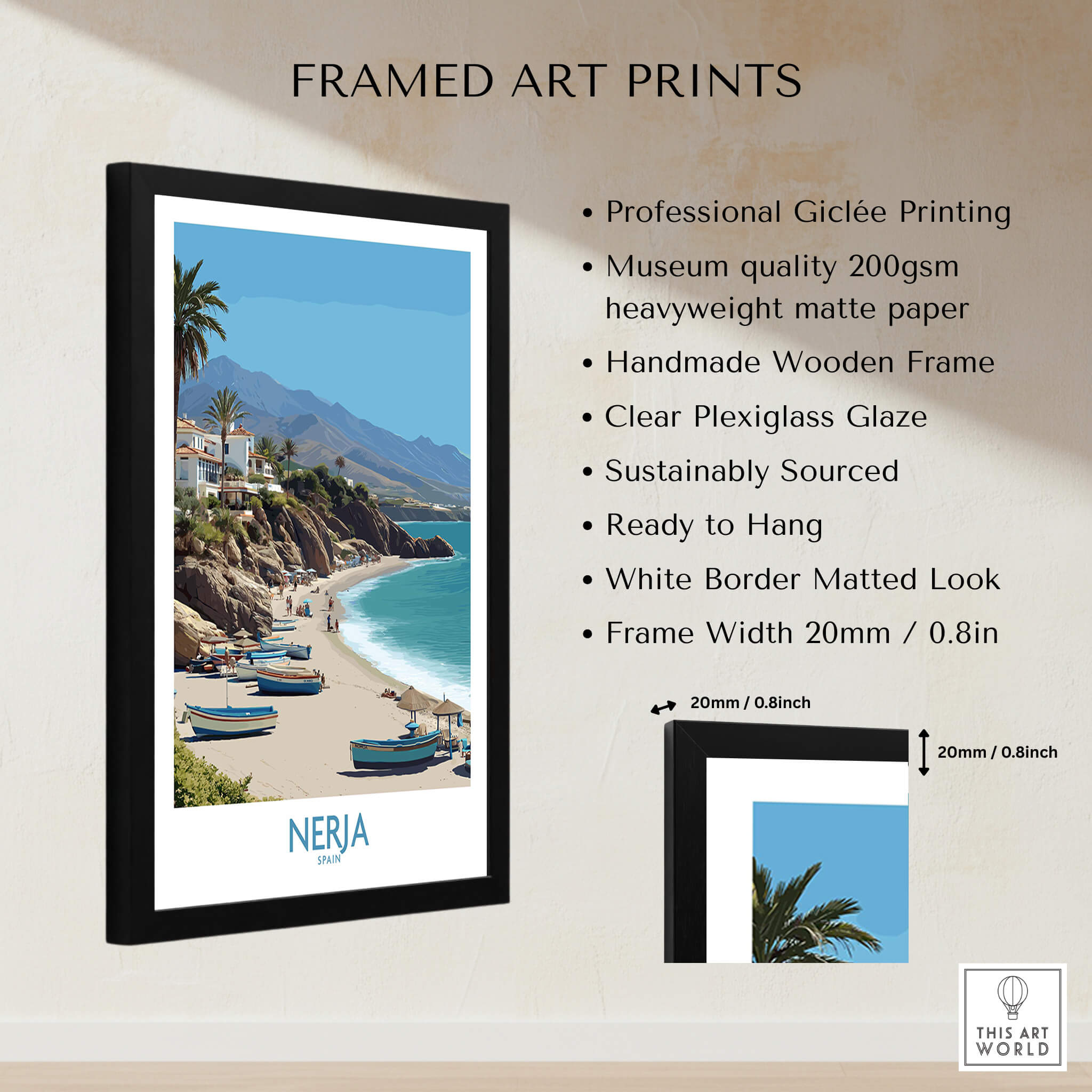 Nerja Spain Canvas Print | Spanish Seaside Poster displayed in a handmade wooden frame with professional giclée printing.