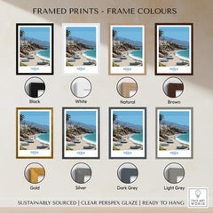 Nerja Spain Canvas Print | Spanish Seaside Poster framed print options including Black, White, Natural, Brown, Gold, Silver, Dark Grey, Light Grey.