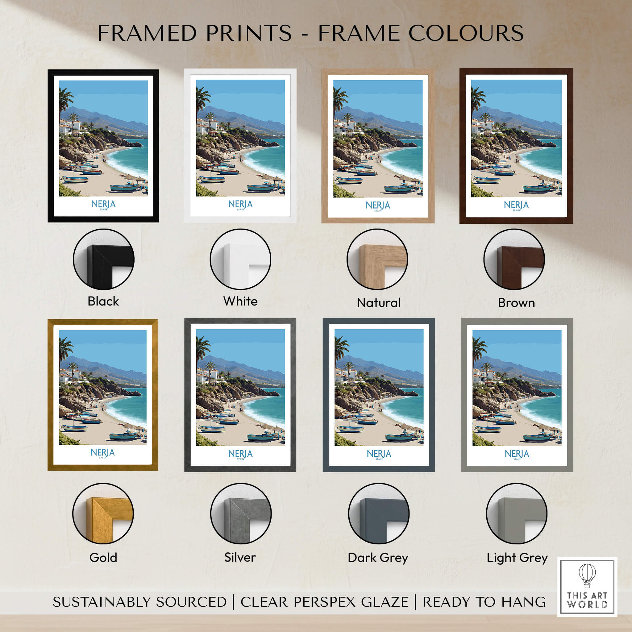 Nerja Spain Canvas Print | Spanish Seaside Poster framed print options including Black, White, Natural, Brown, Gold, Silver, Dark Grey, Light Grey.