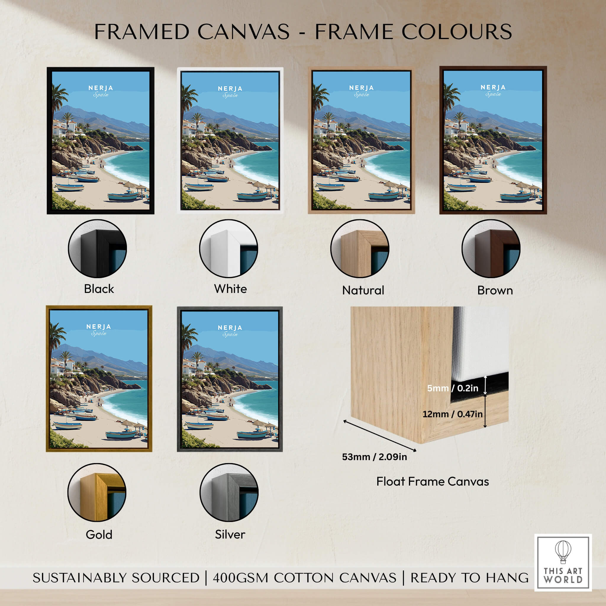 Nerja Spain Travel Poster | Sunny Spanish Coast Wall Art Print framed canvas options in various colors.