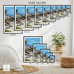 Nerja Spain Travel Poster | Sunny Spanish Coast Wall Art Print size guide with various frame dimensions and beach art display.
