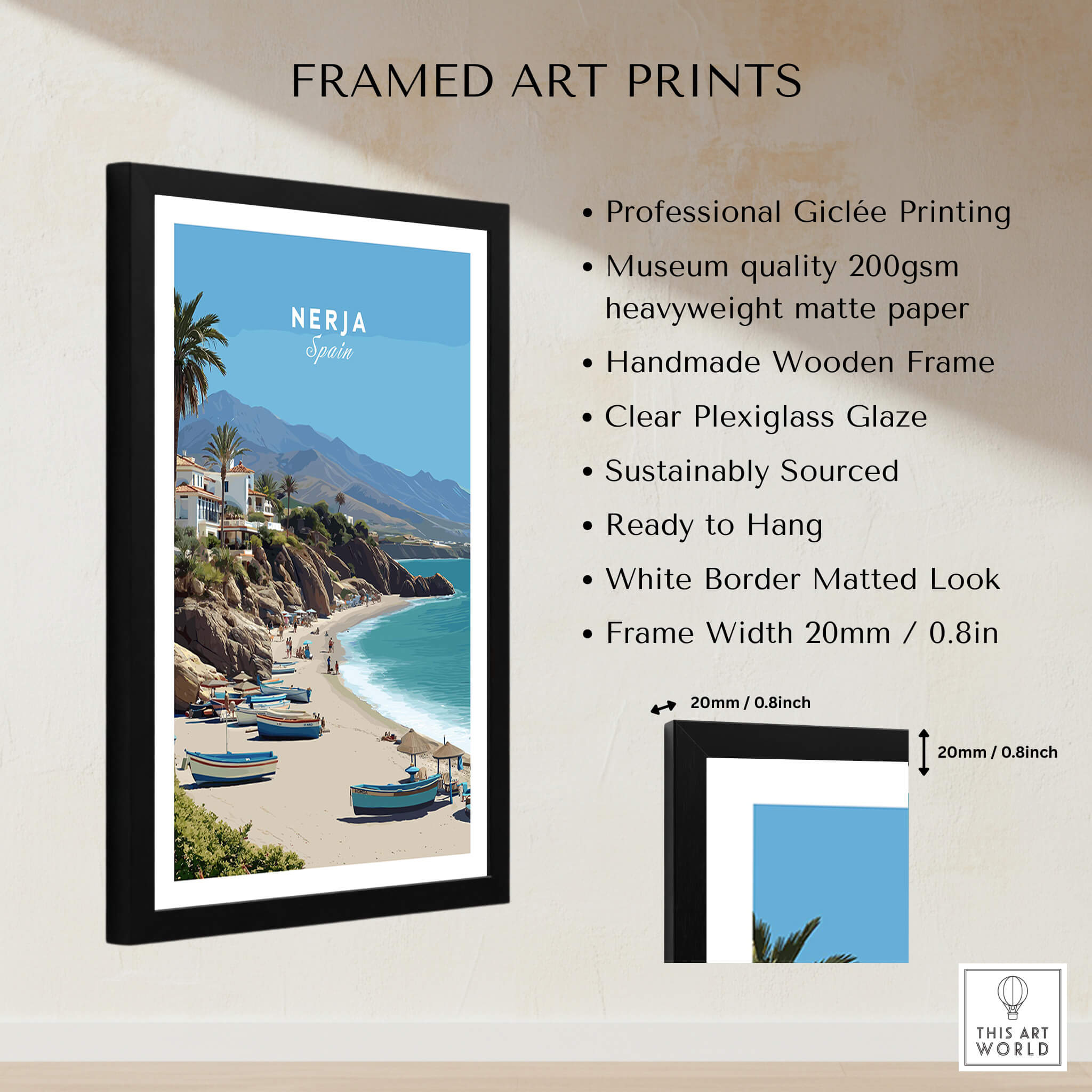 Nerja Spain Travel Poster | Sunny Spanish Coast Wall Art Print framed with a wooden frame and clear plexiglass, showcasing beautiful coastal scenery.