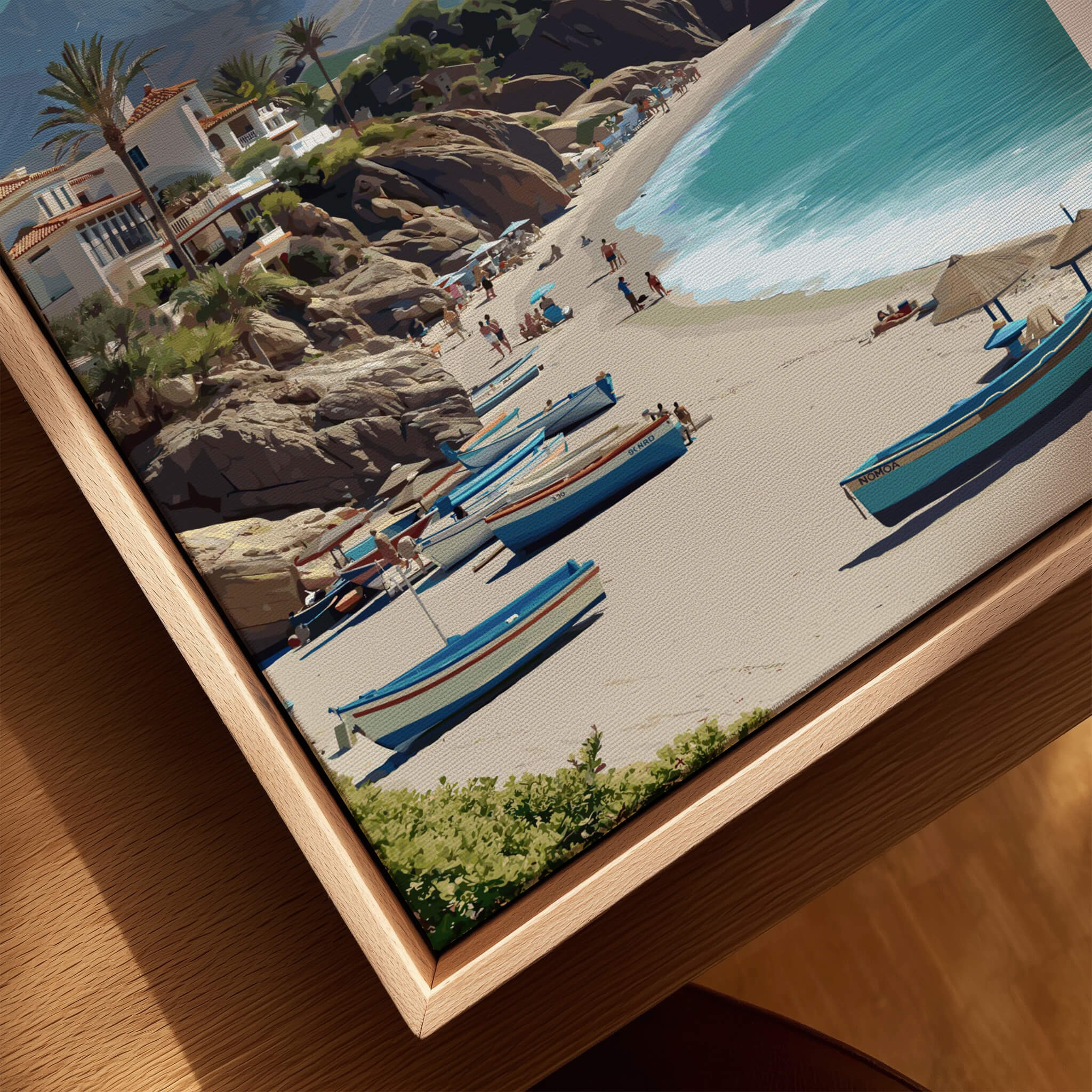 Nerja Spain Travel Poster | Sunny Spanish Coast Wall Art Print featuring boats along the tranquil beach and clear azure waters.