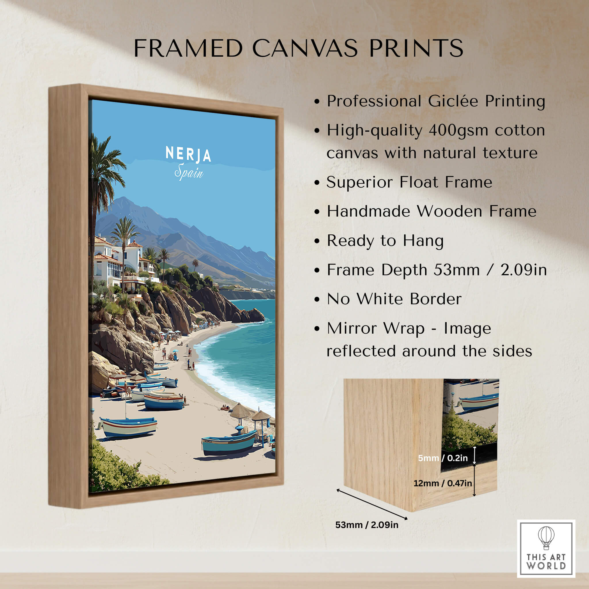 Nerja Spain Travel Poster | Sunny Spanish Coast Wall Art Print showcasing vibrant coastal scenery and framed design.