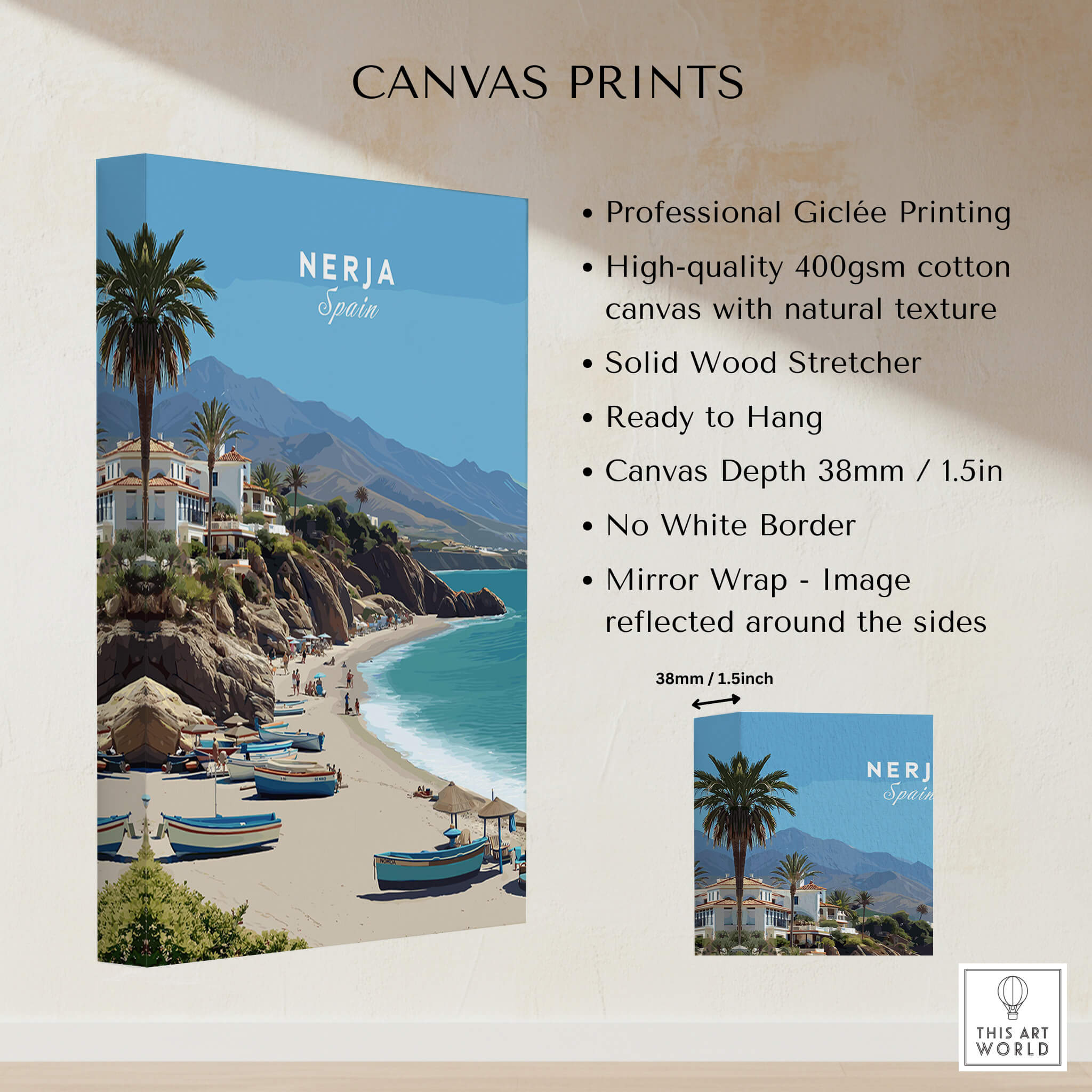 Nerja Spain Travel Poster | Sunny Spanish Coast Wall Art Print showcasing a beautiful coastal scene with mountains and boats.