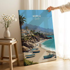 Nerja Spain Travel Poster | Sunny Spanish Coast Wall Art Print showcasing beach and boats in a sunny coastal setting.