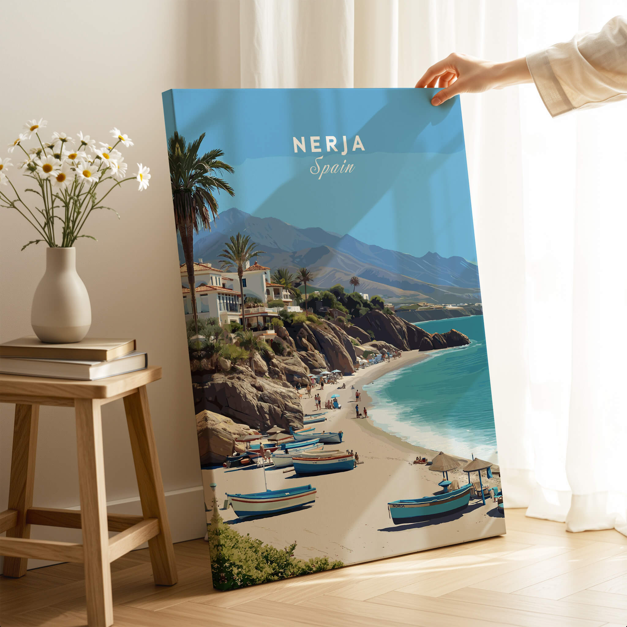 Nerja Spain Travel Poster | Sunny Spanish Coast Wall Art Print showcasing beach and boats in a sunny coastal setting.