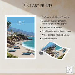 Nerja Spain Travel Poster | Sunny Spanish Coast Wall Art Print showcasing scenic beach with boats and vibrant cliffs in sunny setting.