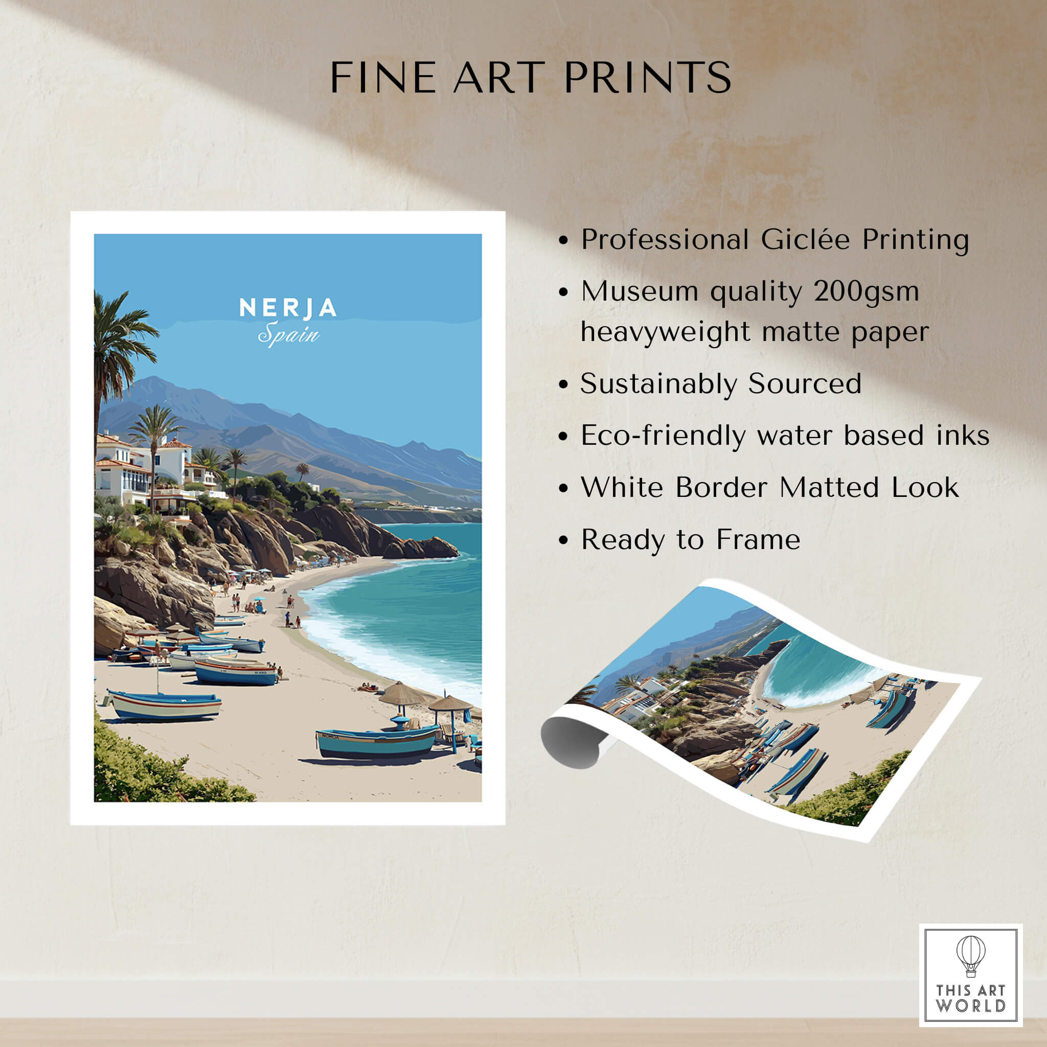 Nerja Spain Travel Poster | Sunny Spanish Coast Wall Art Print showcasing scenic beach with boats and vibrant cliffs in sunny setting.