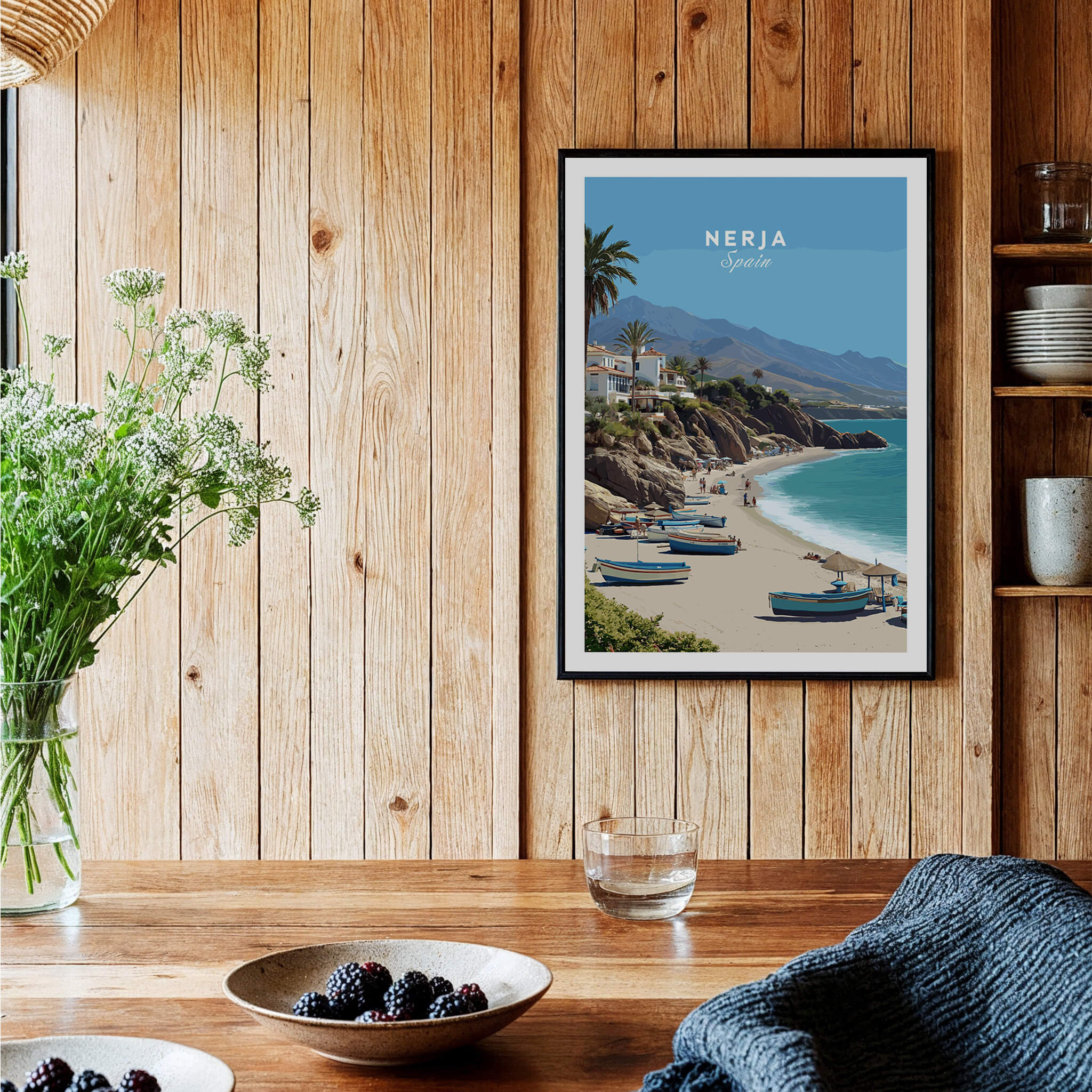 Nerja Spain Travel Poster | Sunny Spanish Coast Wall Art Print showcasing the beautiful coastline and boats.