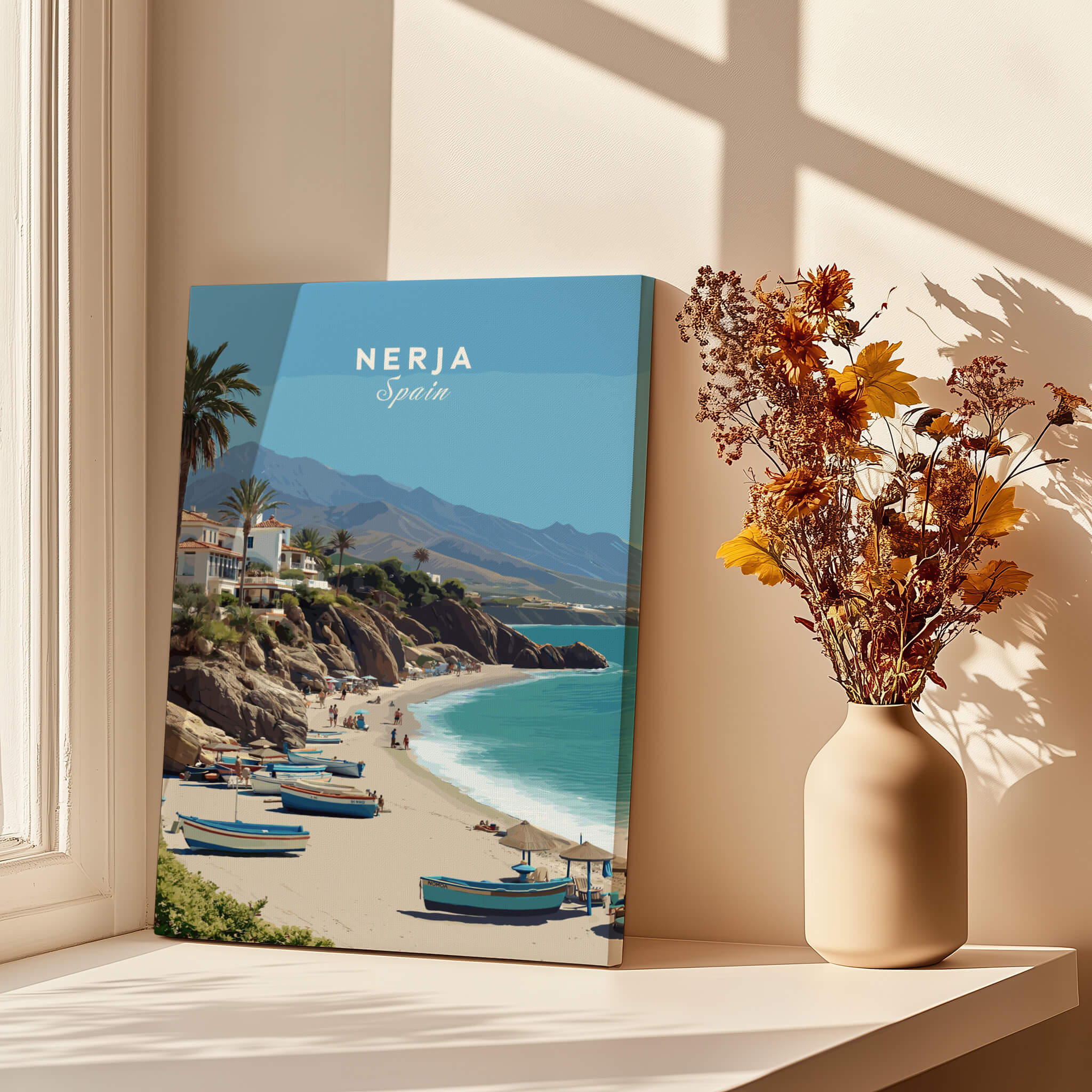 Nerja Spain Travel Poster | Sunny Spanish Coast Wall Art Print featuring a sunny beach and boats.