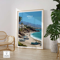 Nerja Spain Travel Poster | Sunny Spanish Coast Wall Art Print featuring stunning coastline and boats.