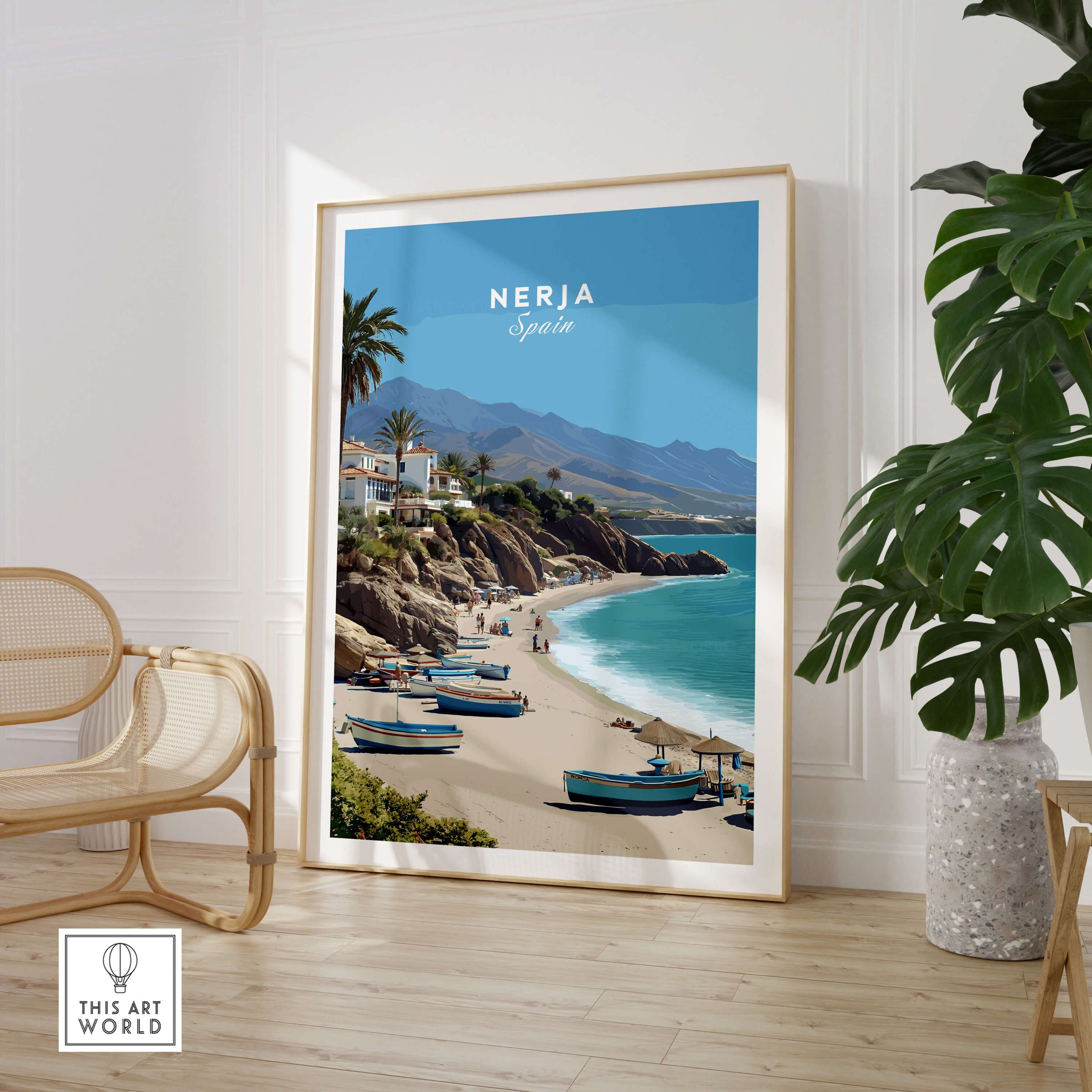Nerja Spain Travel Poster | Sunny Spanish Coast Wall Art Print featuring stunning coastline and boats.