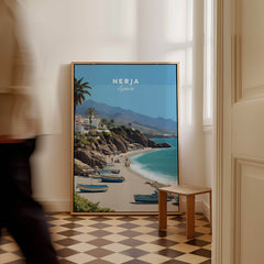 Nerja Spain Travel Poster | Sunny Spanish Coast Wall Art Print displayed in a chic interior setting.