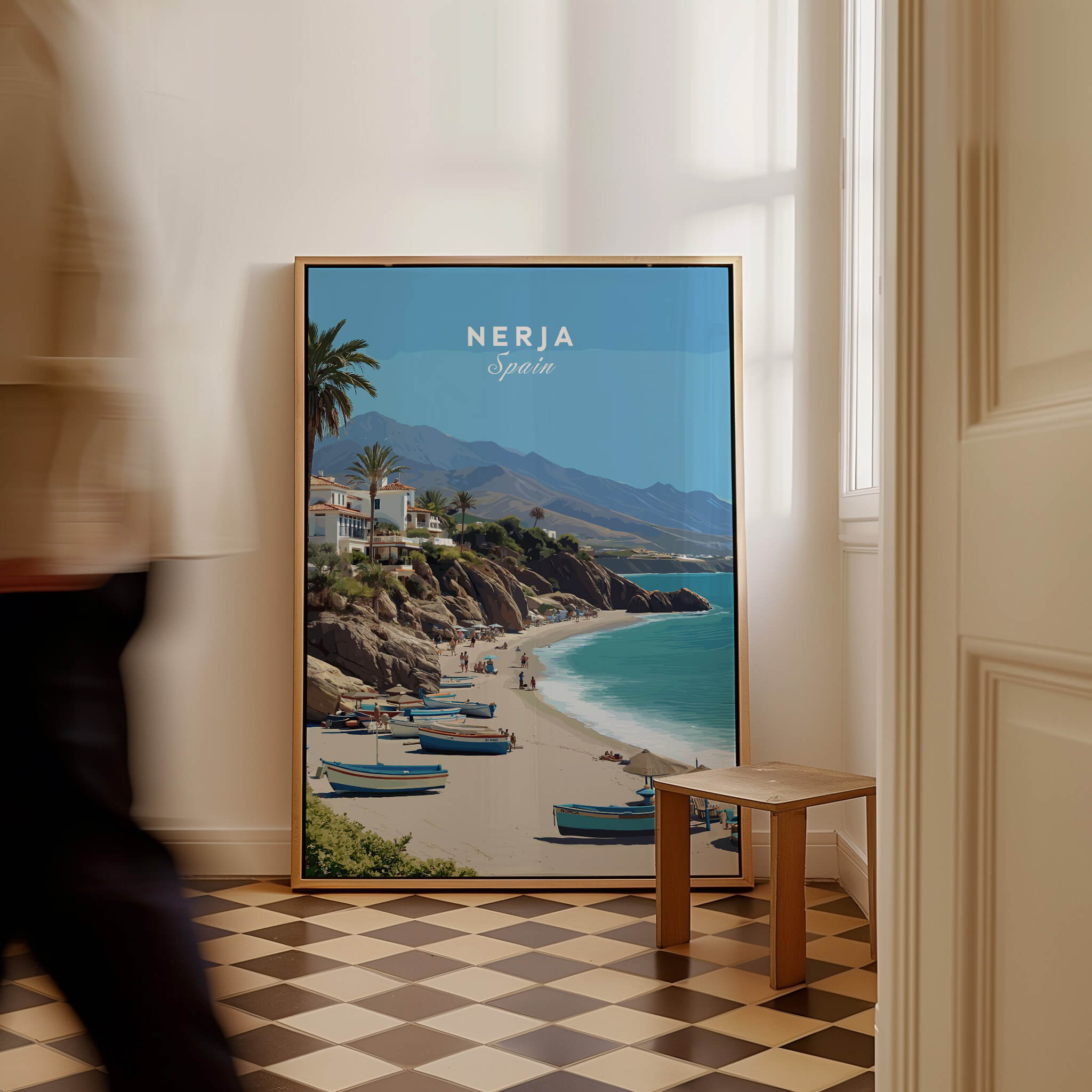 Nerja Spain Travel Poster | Sunny Spanish Coast Wall Art Print displayed in a chic interior setting.