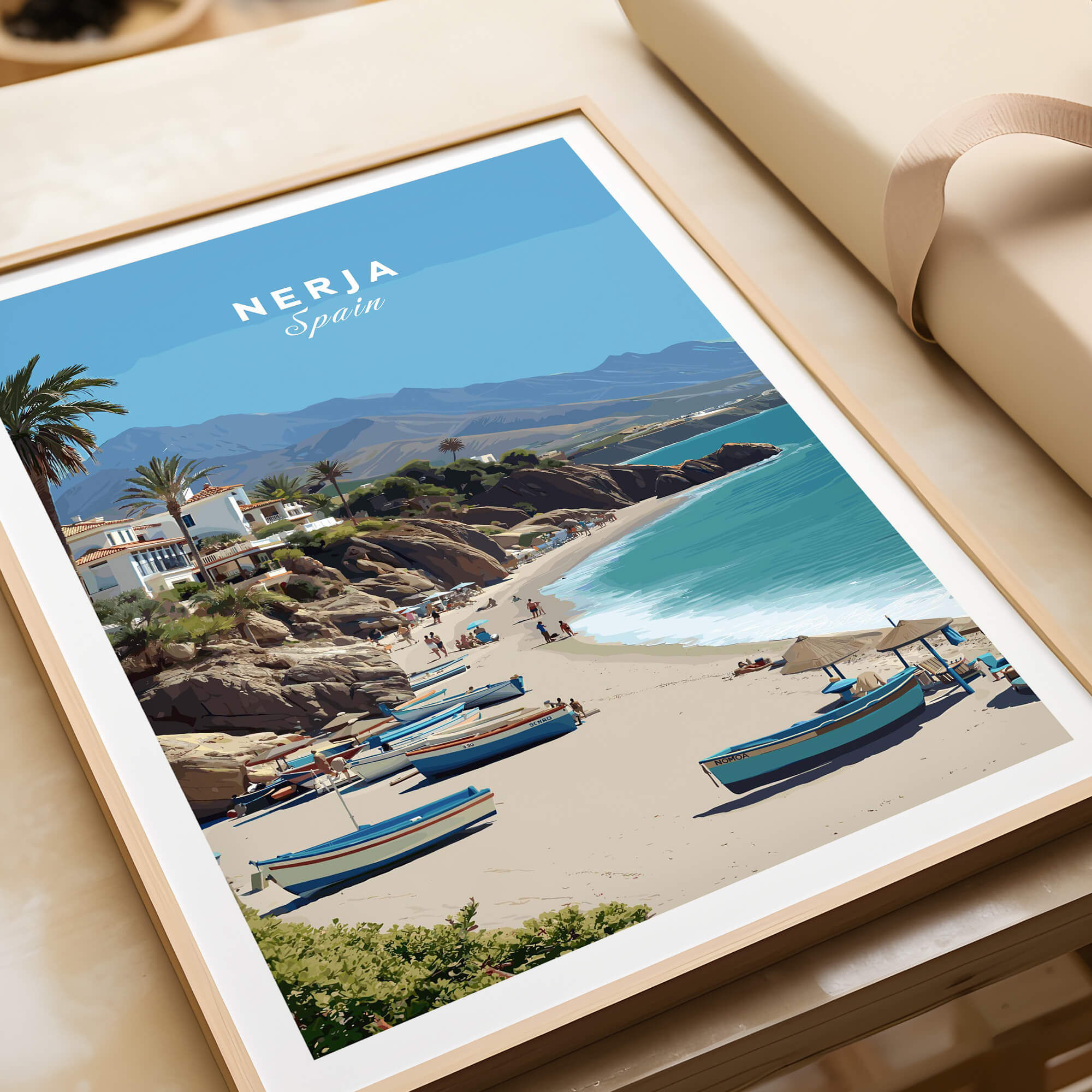Nerja Spain Travel Poster | Sunny Spanish Coast Wall Art Print featuring a scenic beach view with boats.