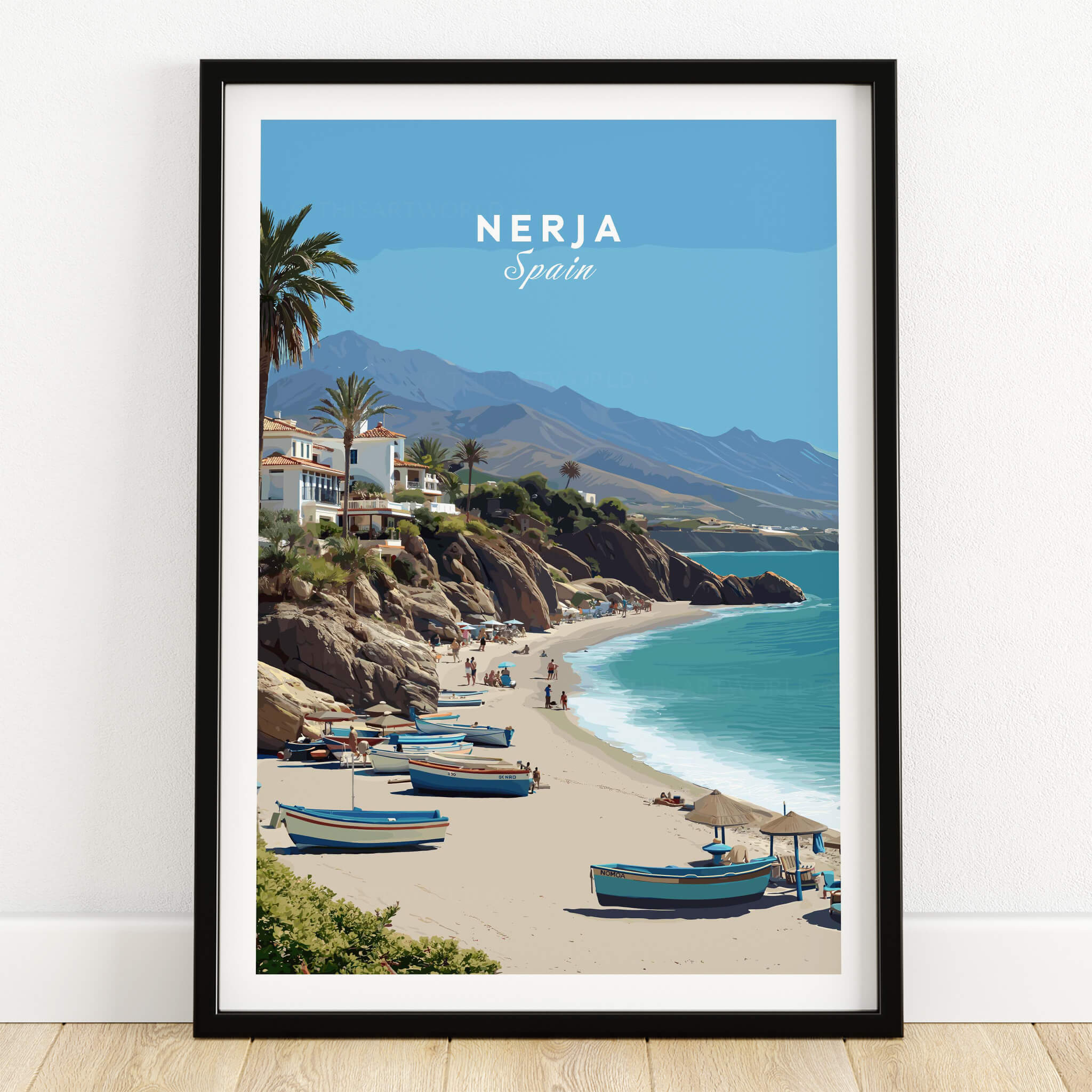 Nerja Spain Travel Poster | Sunny Spanish Coast Wall Art Print featuring boats and beach scenery.
