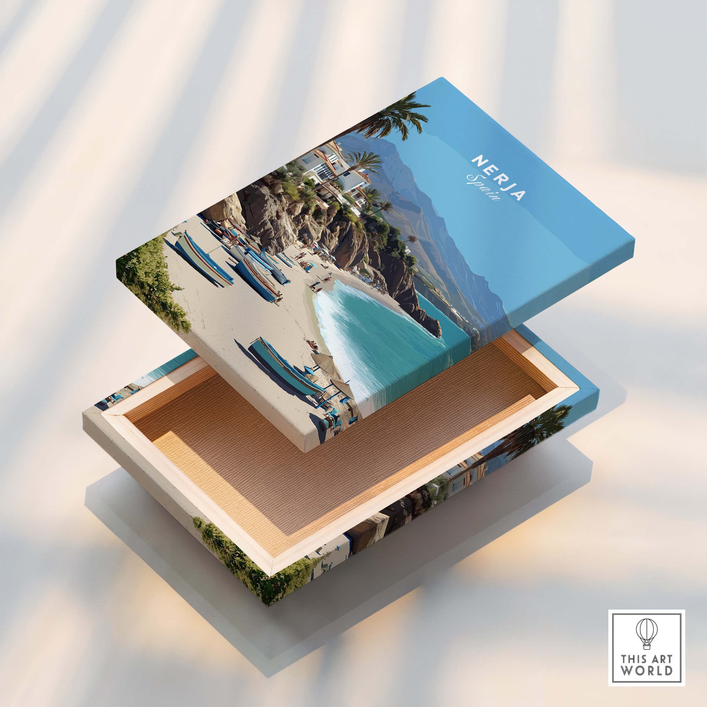 Nerja Spain Travel Poster | Sunny Spanish Coast Wall Art Print design featuring a coastal scene on a decorative box.