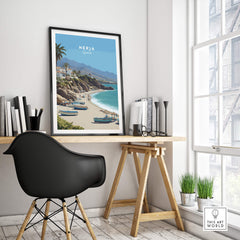 Nerja Spain Travel Poster | Sunny Spanish Coast Wall Art Print featuring a scenic coastal view with boats.