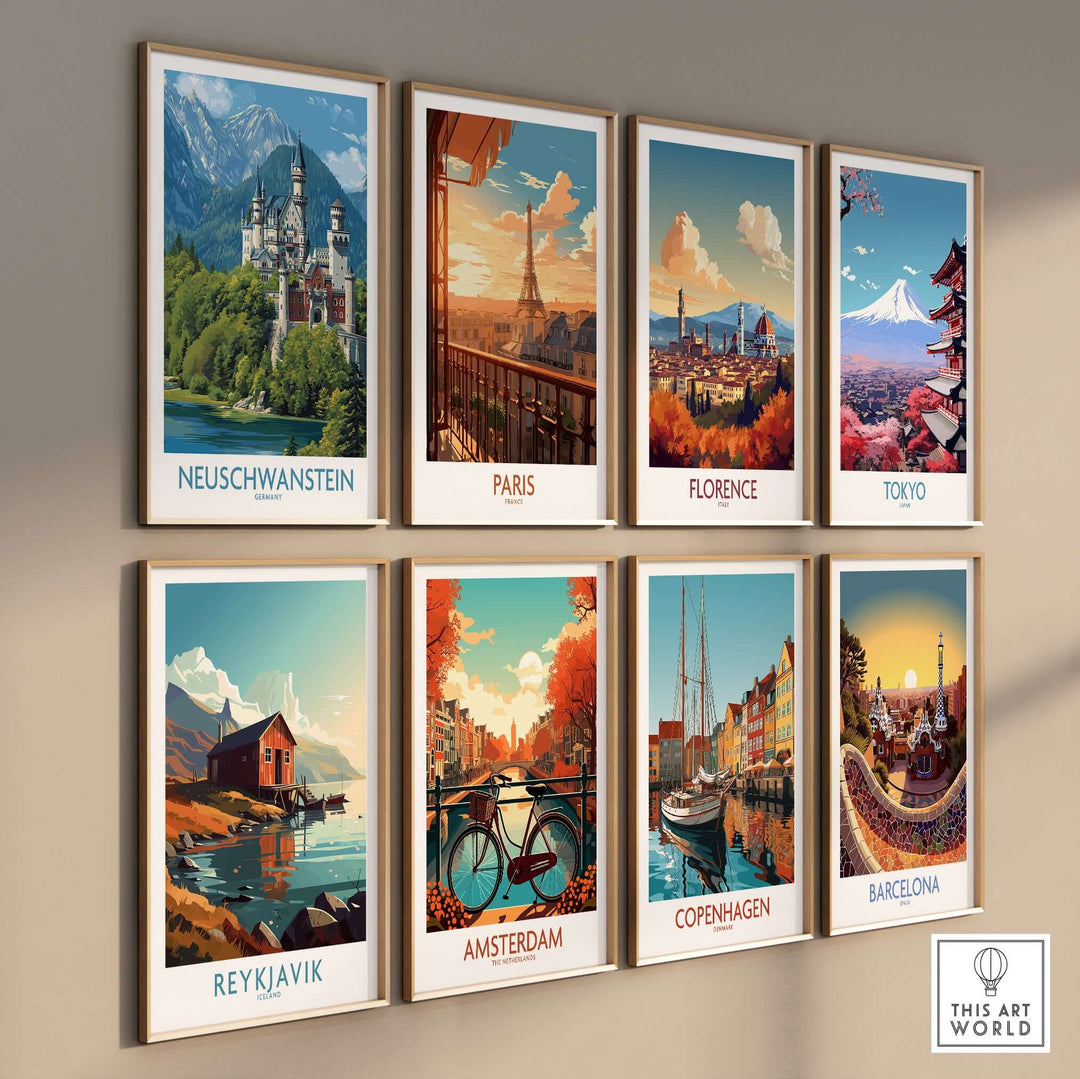 Neuschwanstein Germany Art Print showcased among famous city art prints in a stylish gallery wall display.