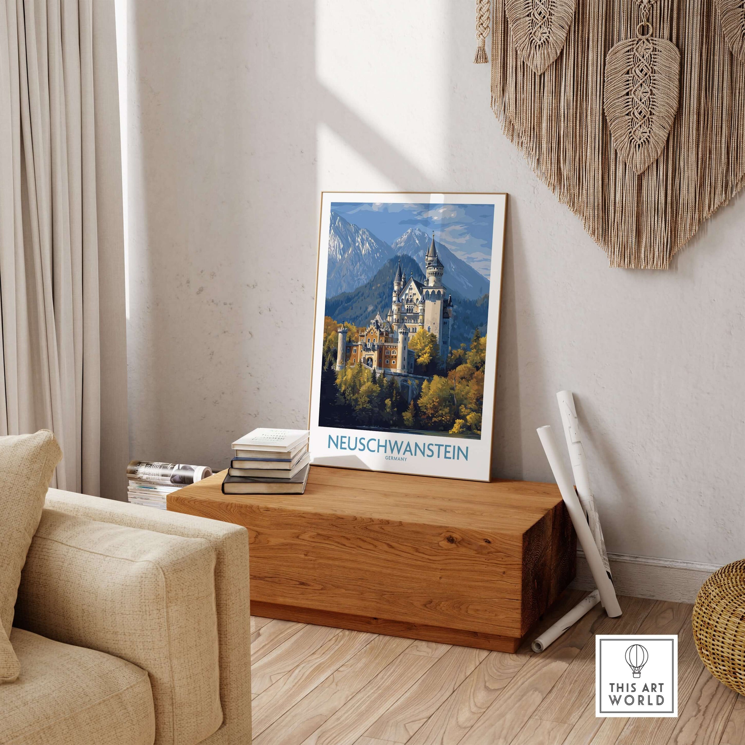 Neuschwanstein Germany Castle Art Print | Bavarian Alps Travel Poster displayed in a cozy interior setting.