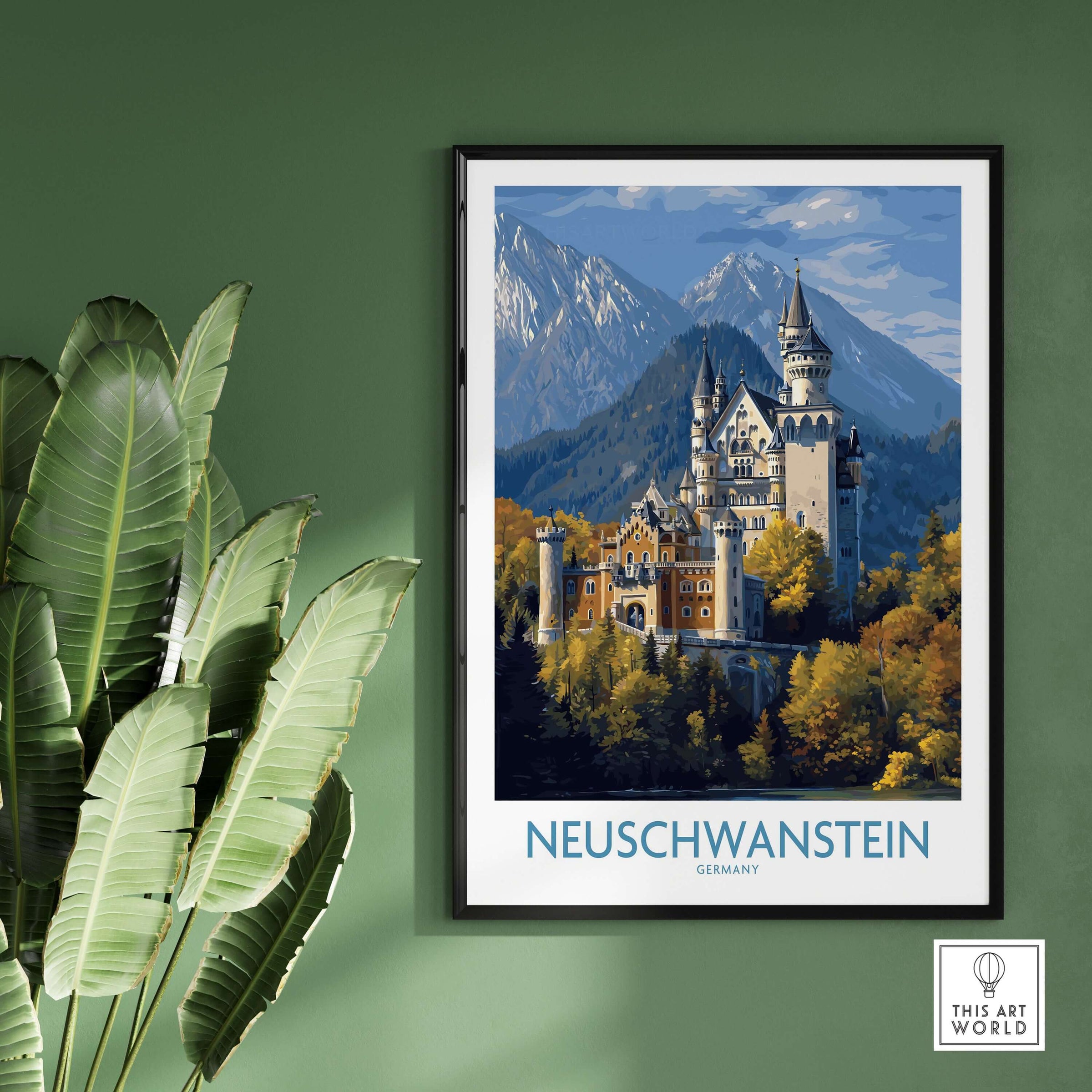 Neuschwanstein Germany Castle Art Print | Bavarian Alps Travel Poster framed on wall with plants.