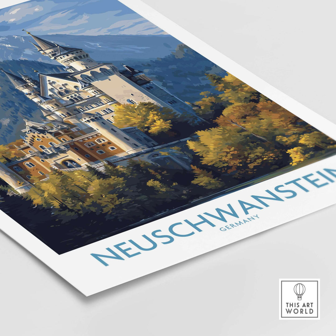 Neuschwanstein Germany Castle Art Print | Bavarian Alps Travel Poster featuring colorful autumn scenery and a majestic castle.