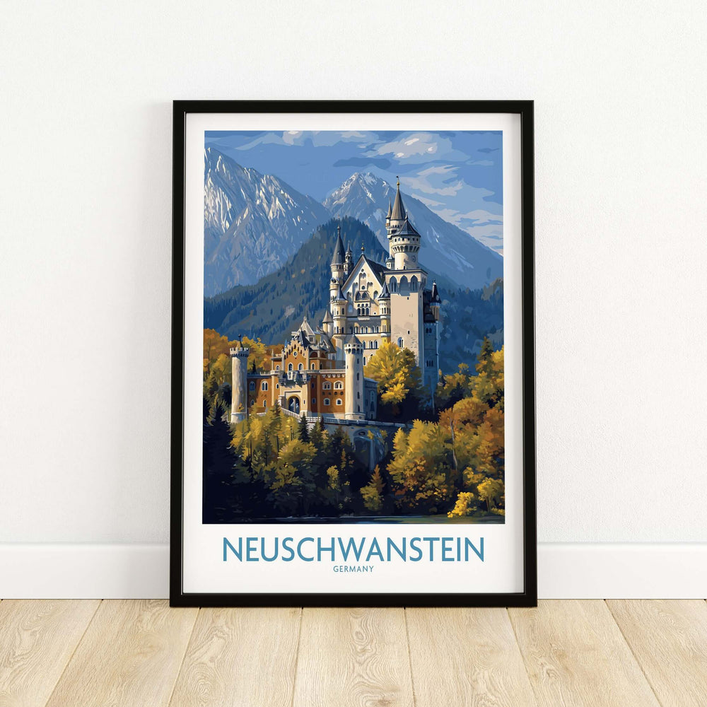 Neuschwanstein Germany Castle Art Print | Bavarian Alps Travel Poster showcasing a stunning castle in alpine scenery.