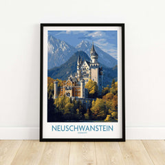 Neuschwanstein Germany Castle Art Print | Bavarian Alps Travel Poster featuring the castle amidst scenic mountains.