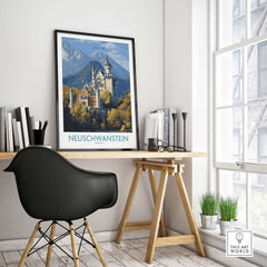 Neuschwanstein Germany Castle Art Print | Bavarian Alps Travel Poster displayed in a modern workspace.