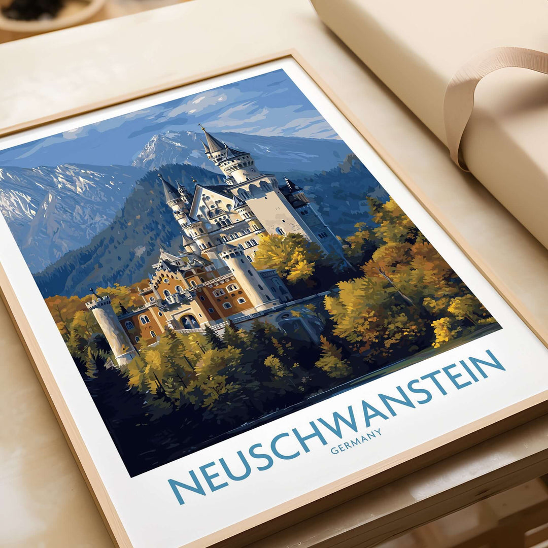 Neuschwanstein Germany Castle Art Print | Bavarian Alps Travel Poster depicting the iconic castle surrounded by alpine scenery.