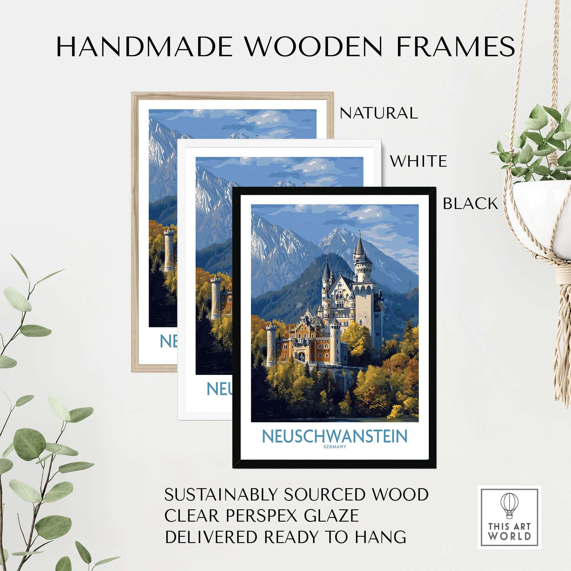 Handmade wooden frames showcasing Neuschwanstein Germany Castle Art Print | Bavarian Alps Travel Poster in natural, white, and black.