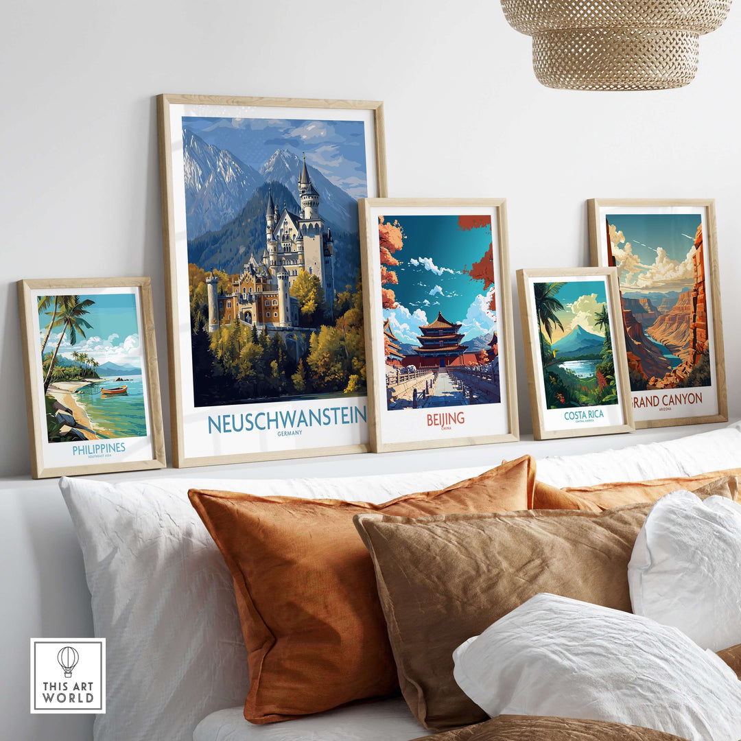 Neuschwanstein Germany Castle Art Print | Bavarian Alps Travel Poster displayed with travel posters of different destinations.