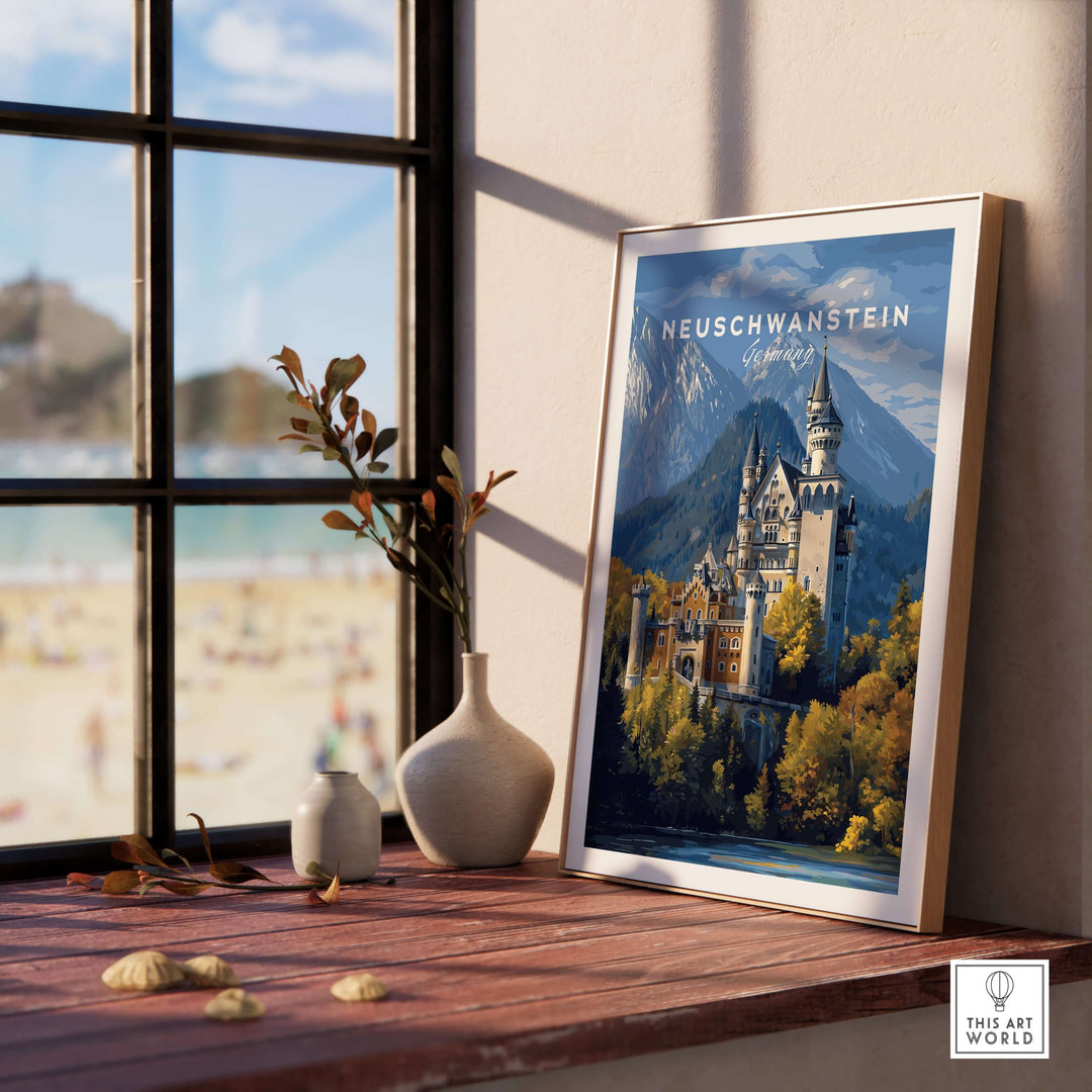 Neuschwanstein Castle Print | German Home Decor Poster displayed on a wooden table by a window.
