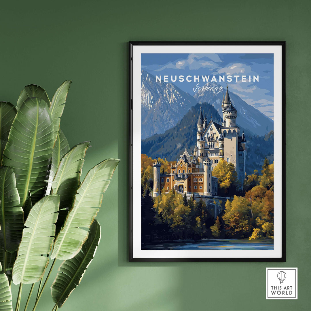 Neuschwanstein Castle Print | German Home Decor Poster displayed on green wall with tropical plant.