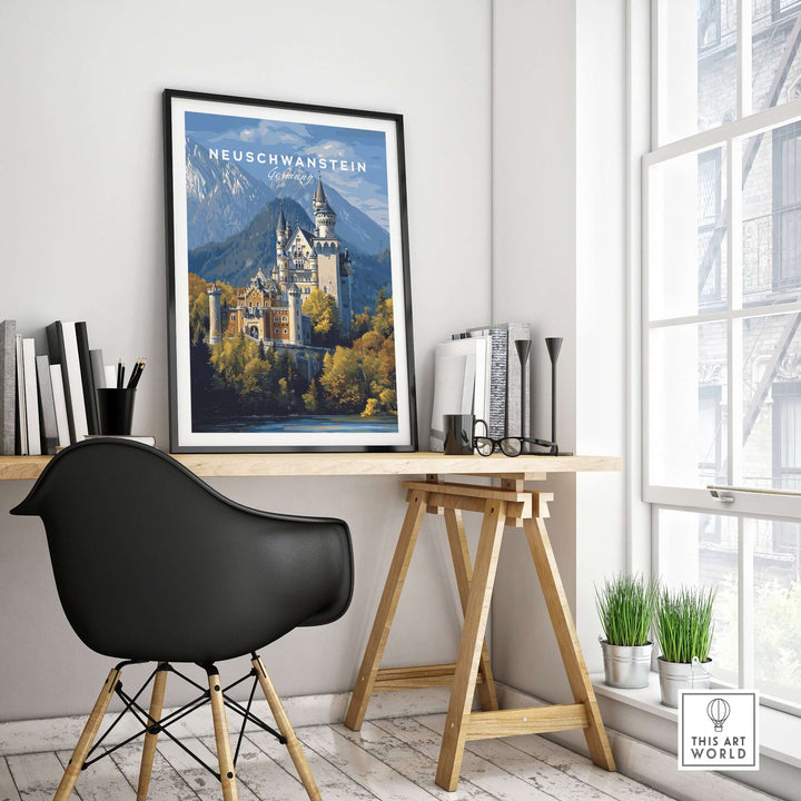Neuschwanstein Castle Print | German Home Decor Poster displayed in a stylish office setting with a modern desk.