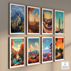 Neuschwanstein Castle Print | German Home Decor Poster featured among various city-themed artwork in a stylish gallery wall.