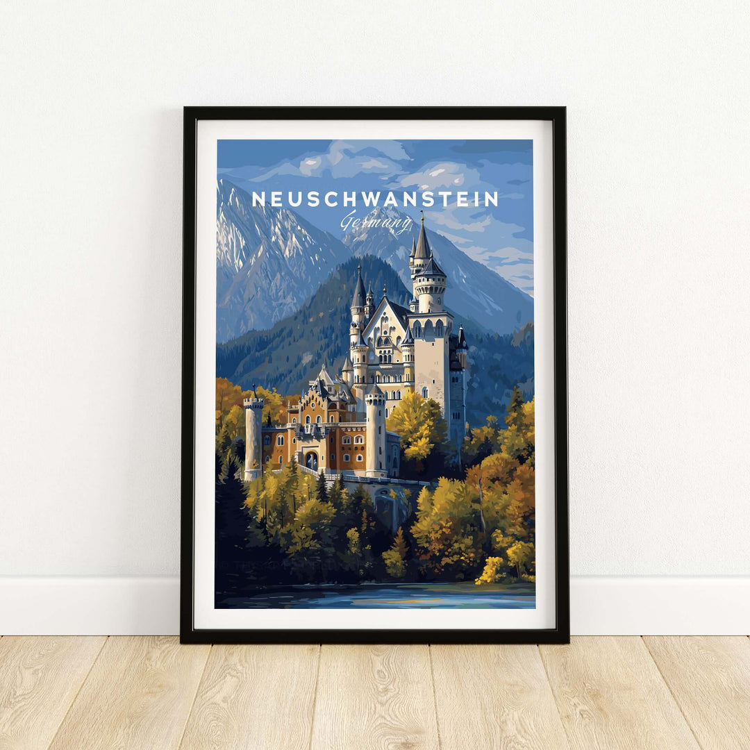 Neuschwanstein Castle Print | German Home Decor Poster showcasing the fairy-tale castle and beautiful landscape.