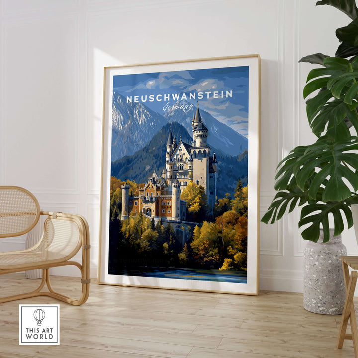 Neuschwanstein Castle Print | German Home Decor Poster displayed in a modern interior with plants