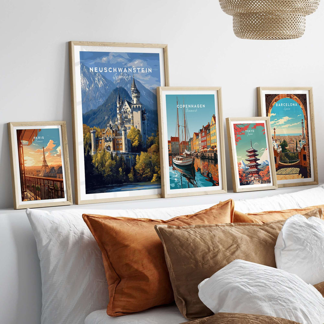 Neuschwanstein Castle Print | German Home Decor Poster displayed among other travel-themed prints